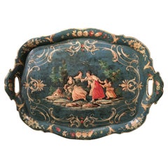 1750 Venezia Italy Blue Lacquered  Wooden Tray with Rural Scenes and Flowers