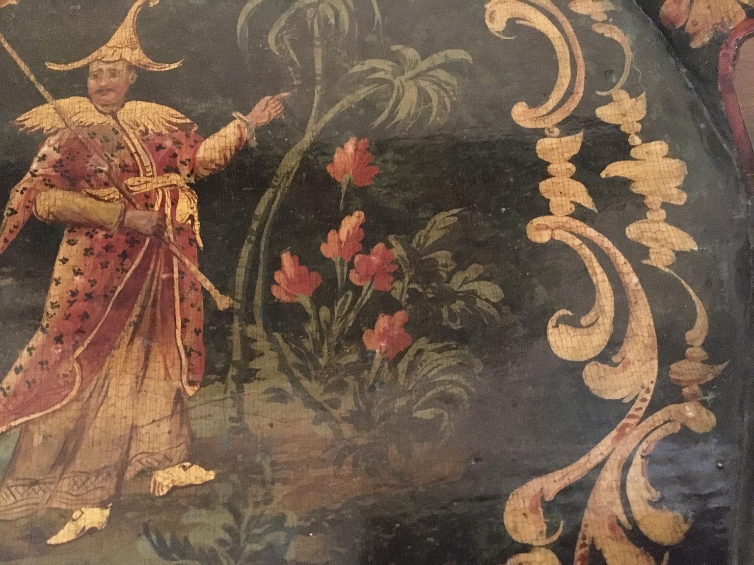 1750 Venezia Italien Grün lackiertes Holztablett mit chinesischen Figuren im Angebot 4