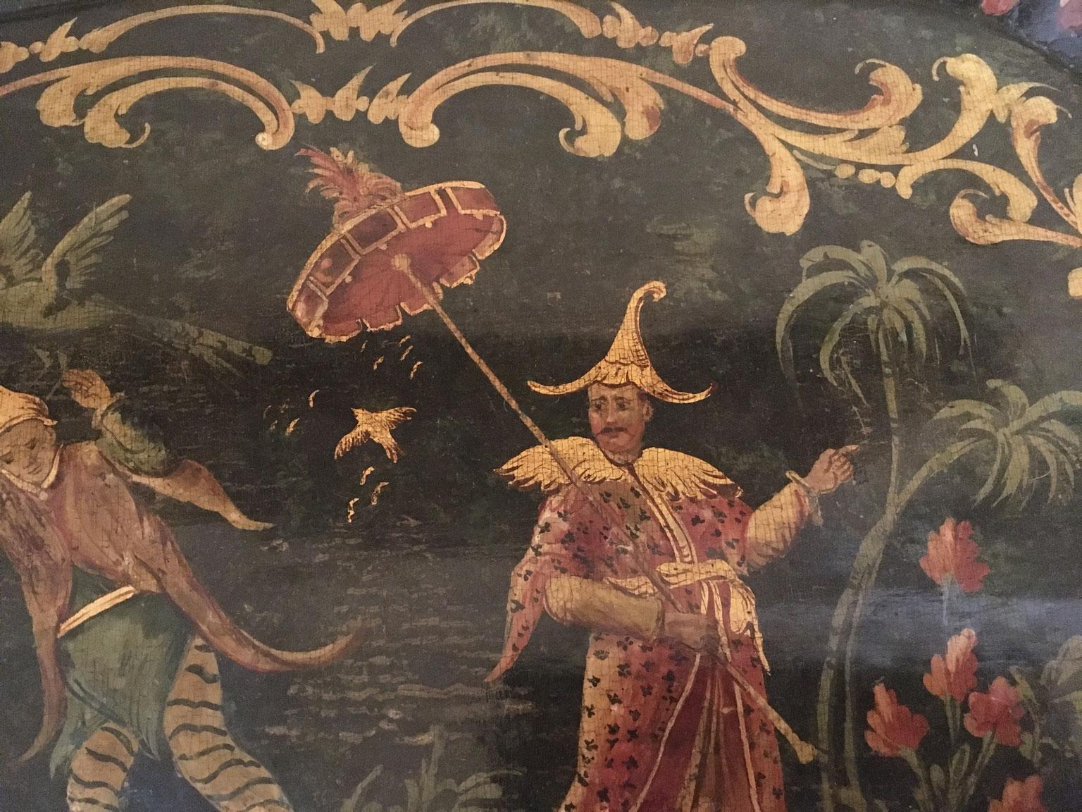 1750 Venezia Italien Grün lackiertes Holztablett mit chinesischen Figuren im Angebot 8