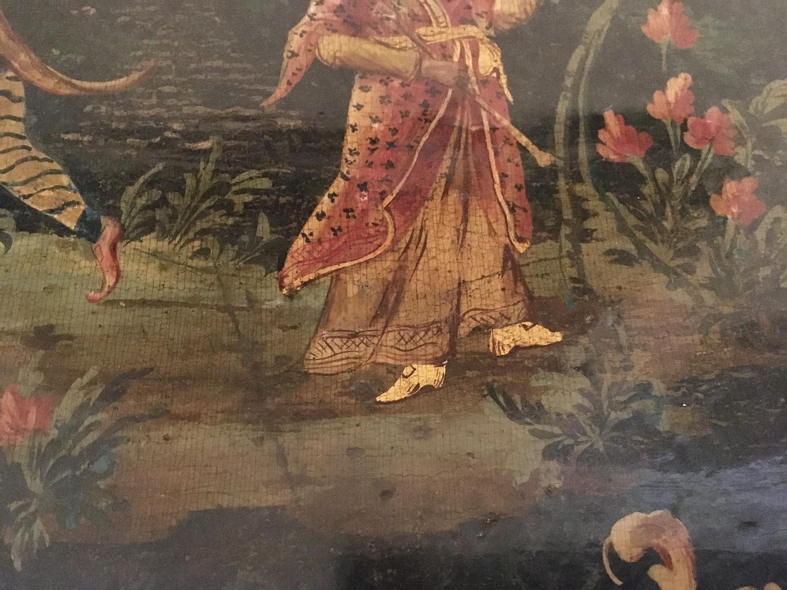 1750 Venezia Italien Grün lackiertes Holztablett mit chinesischen Figuren im Angebot 9