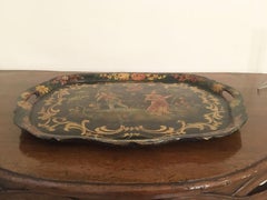 1750 Venezia Italy Green Lacquered Wooden Tray with Chinese Figures