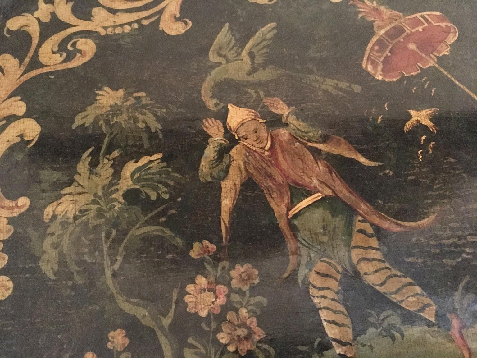 1750 Venezia Italien Grün lackiertes Holztablett mit chinesischen Figuren im Angebot 2