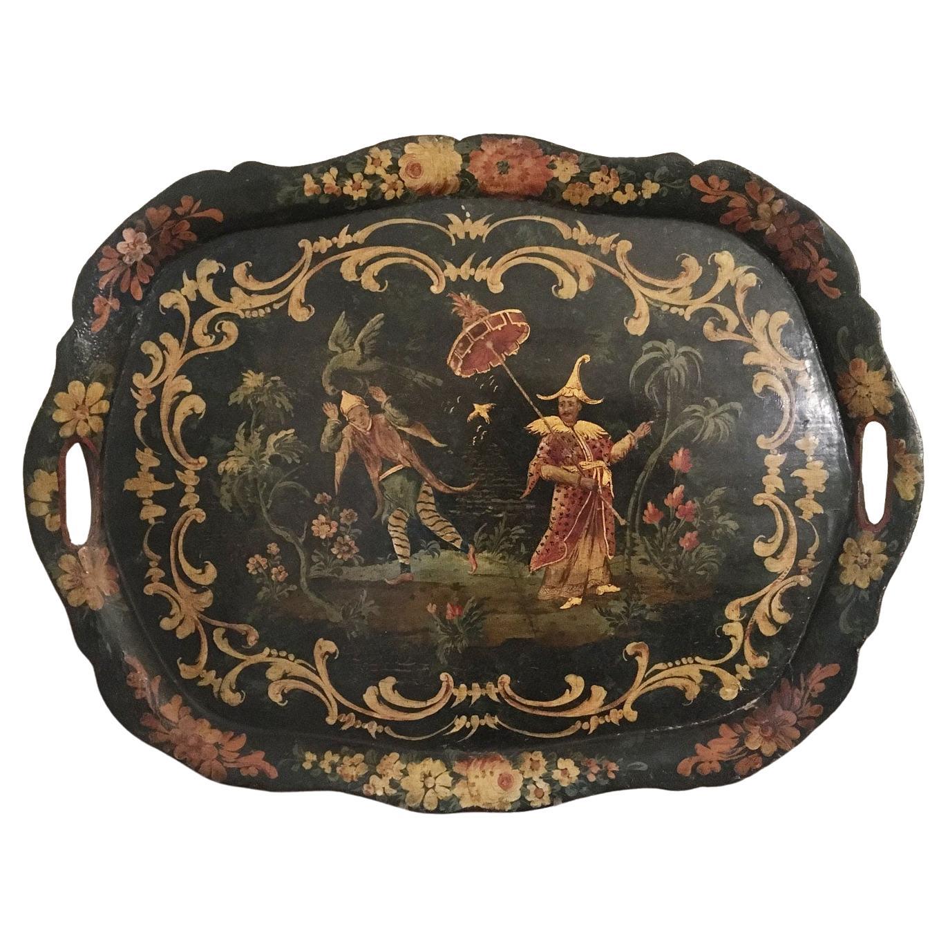 1750 Venise Italie Plateau en bois laqué vert avec figures chinoises