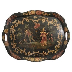 1750 Venezia Italy Green Lacquered Wooden Tray with Chinese Figures