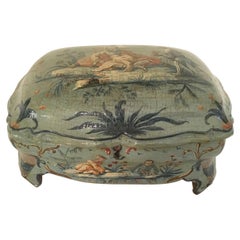1750 Venezia Italy Green Light Blue Lacquered and Shaped Wooden Box with Flowers