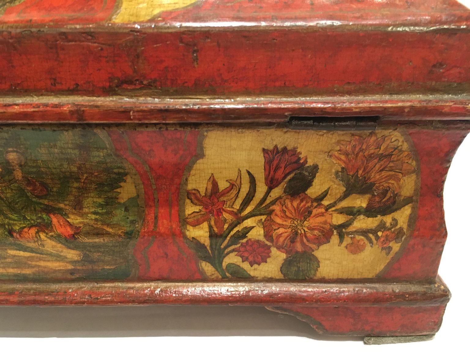 1750 Venezia Italia Caja de madera lacada roja y amarilla Joyero en venta 6