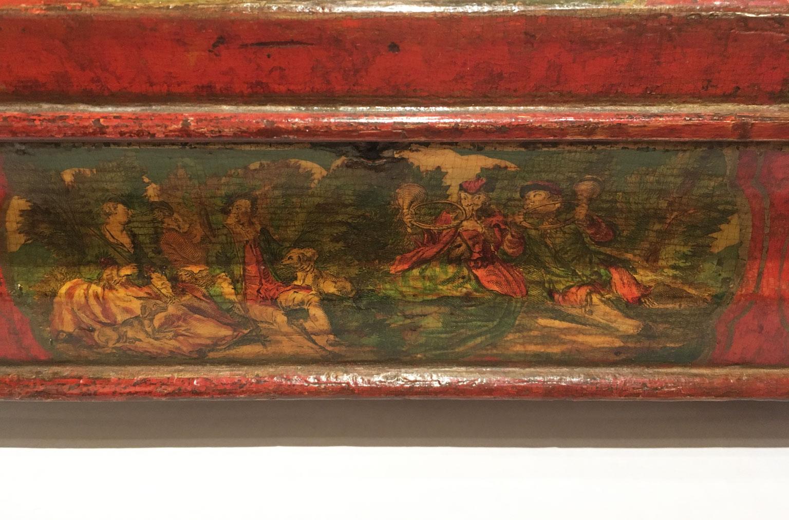1750 Venezia Italia Caja de madera lacada roja y amarilla Joyero en venta 7