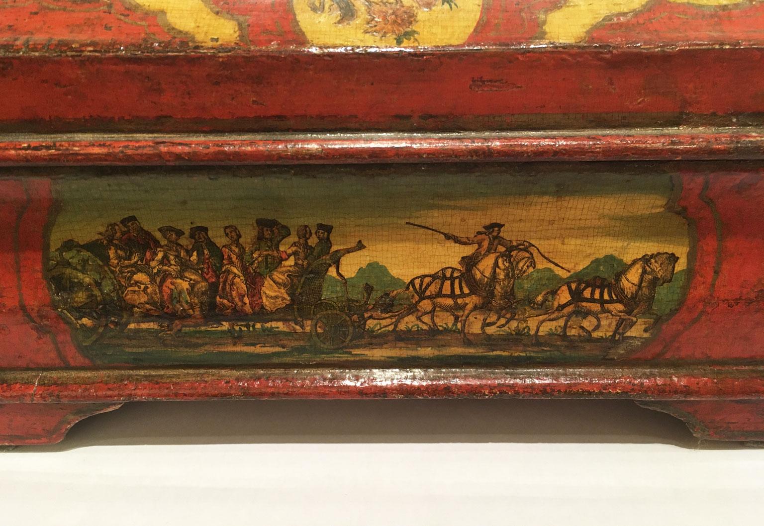 1750 Venezia Italia Caja de madera lacada roja y amarilla Joyero en venta 9