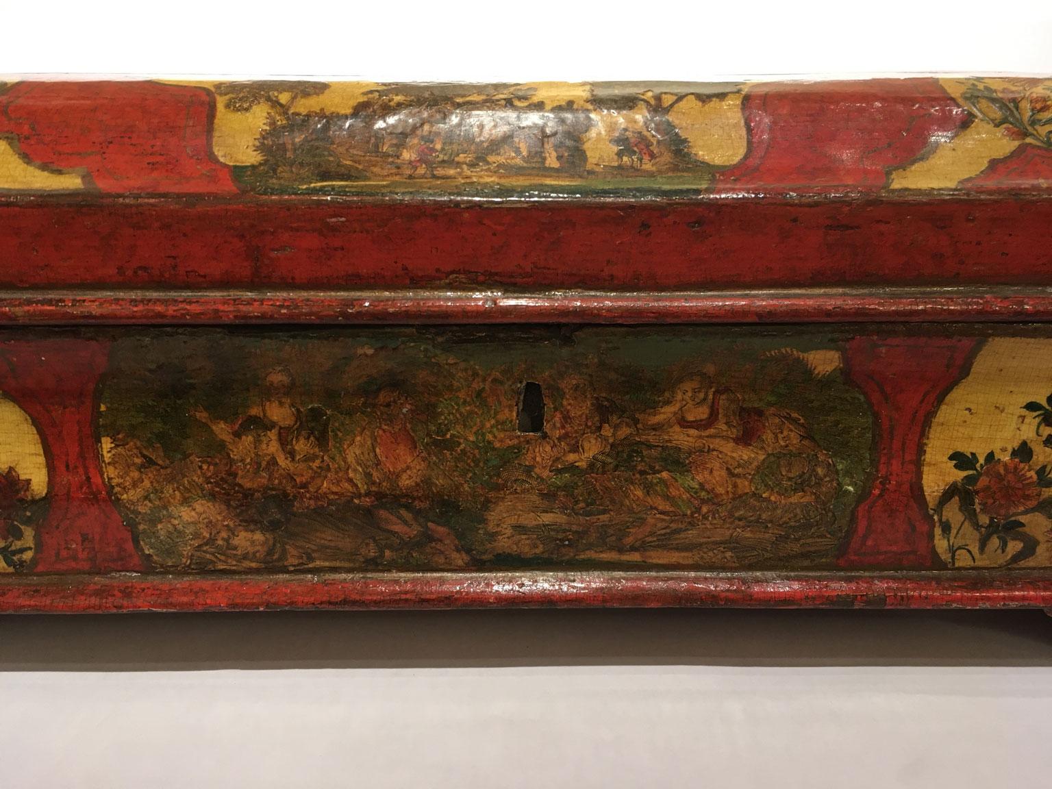 1750 Venezia Italia Caja de madera lacada roja y amarilla Joyero Rococó en venta