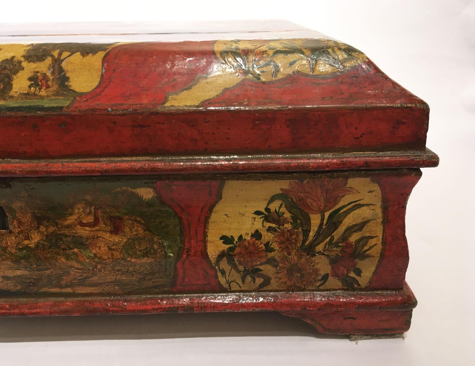 1750 Venezia Italia Caja de madera lacada roja y amarilla Joyero Hecho a mano en venta