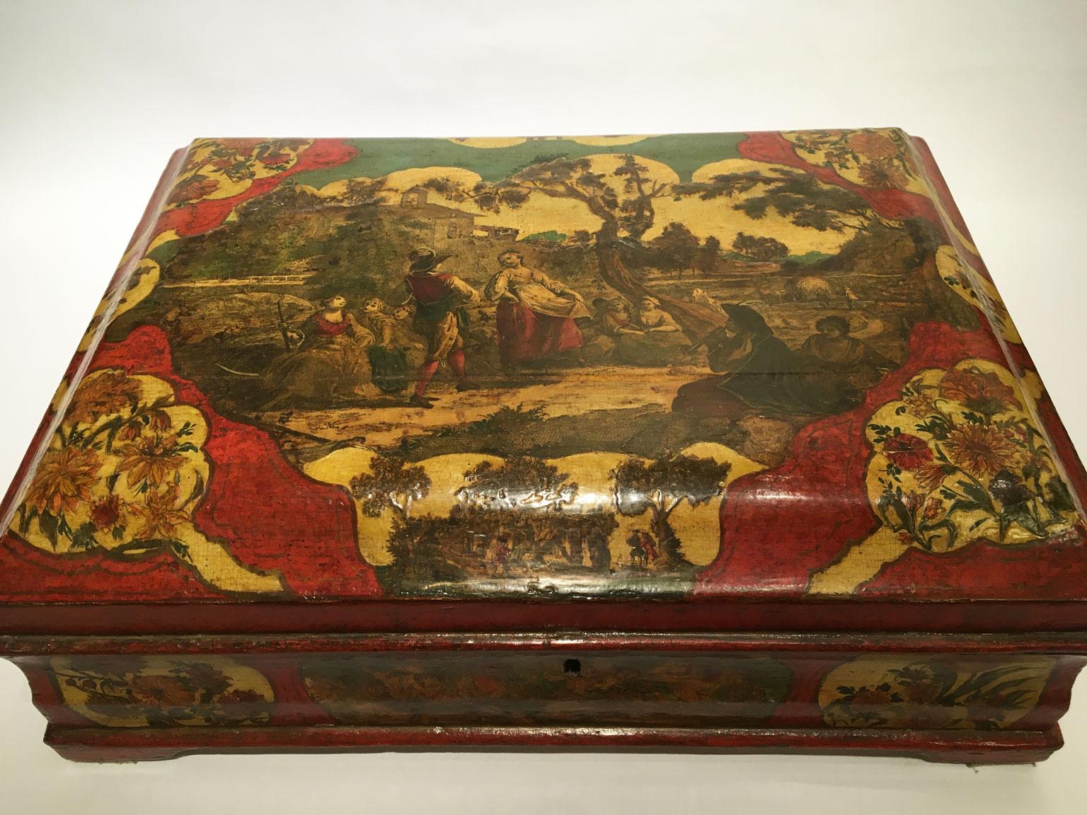1750 Venezia Italia Caja de madera lacada roja y amarilla Joyero en Bueno estado para la venta en Brescia, IT