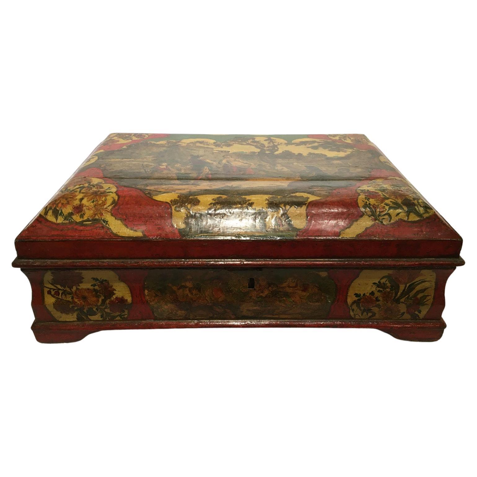 1750 Venezia Italy Lacquered Red and Yellow Wooden Box Jewelry Case