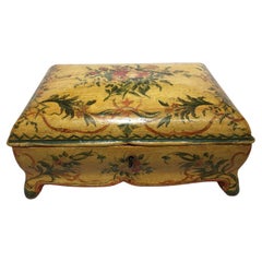 1750 Venezia Italy Lacquered Wooden Yellow Box with Flowers and Birds