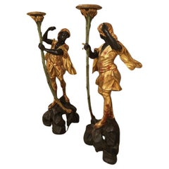 Antique 1750 Venezia Italy Pair of Giltwood and Carved Red Lacquered Figures