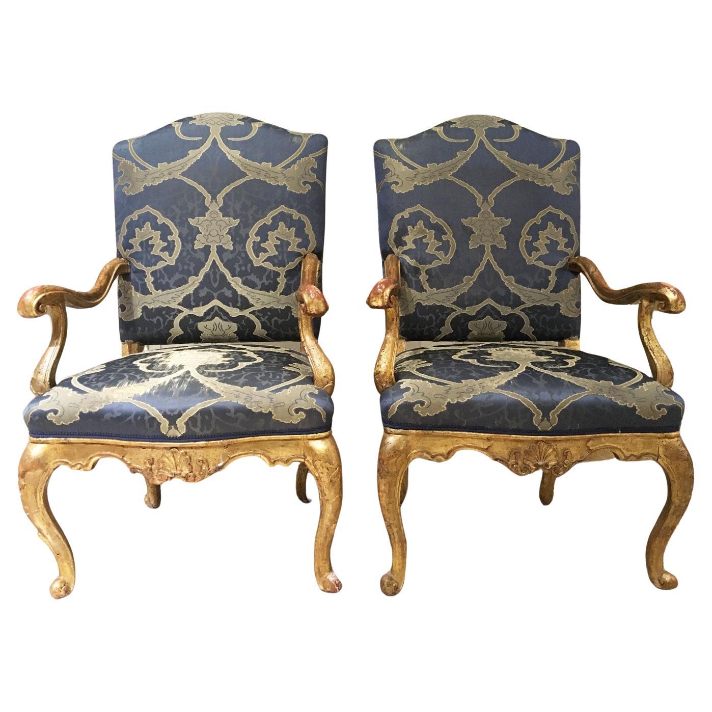 1750 Venezia Italy Pair of Rococo Carved Giltwood Armchairs