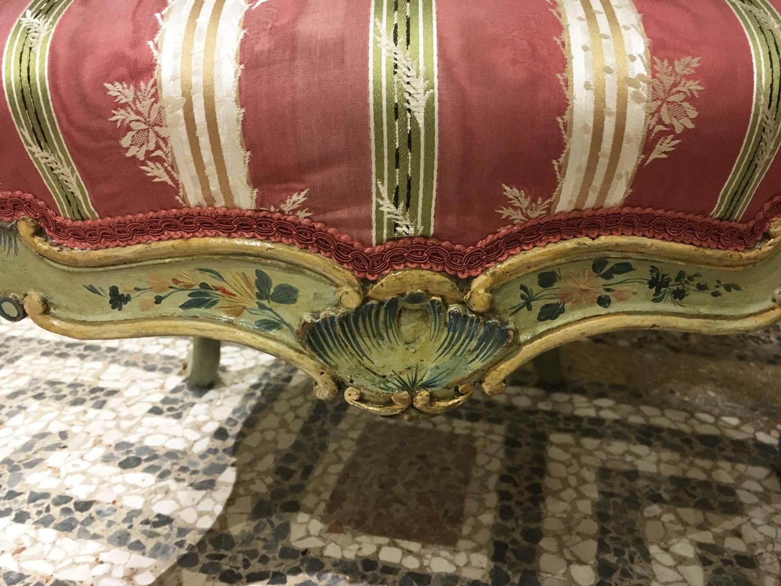 Rococo 1750 Venezia Italy Set 2 Green Lacquered Wooden Armchairs with Floral Decoration For Sale