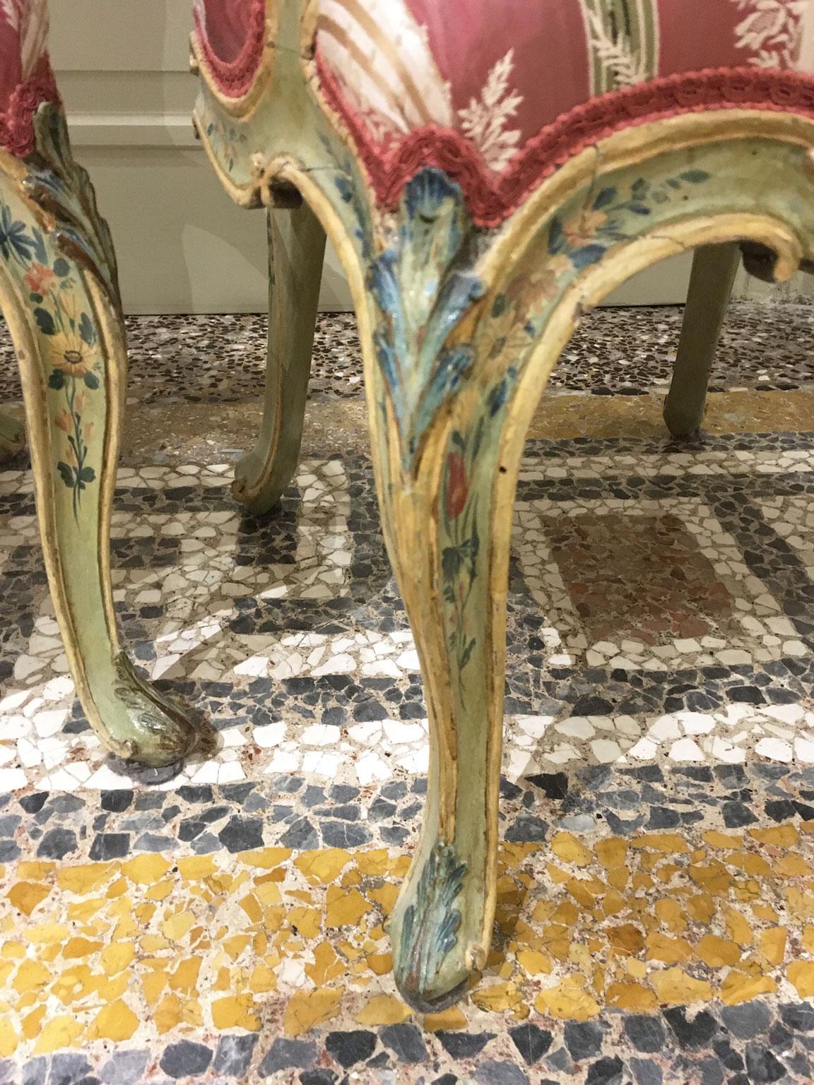 Italian 1750 Venezia Italy Set 2 Green Lacquered Wooden Armchairs with Floral Decoration For Sale