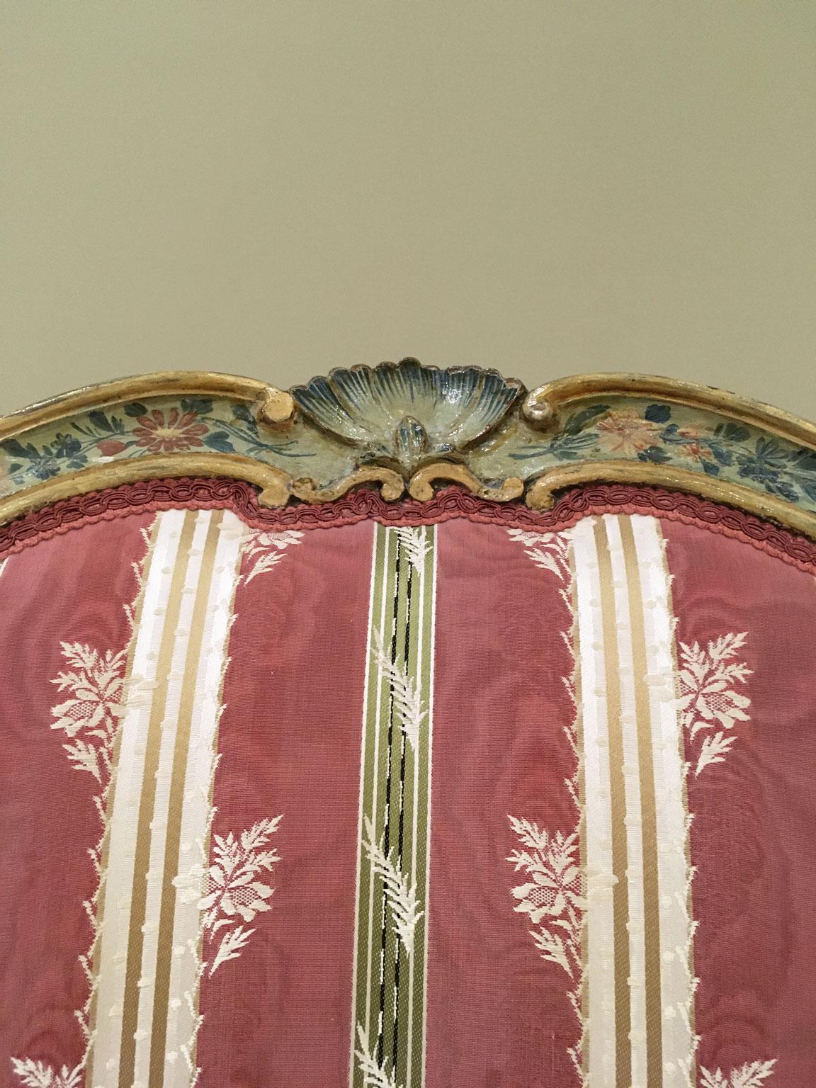 18th Century 1750 Venezia Italy Set 2 Green Lacquered Wooden Armchairs with Floral Decoration For Sale