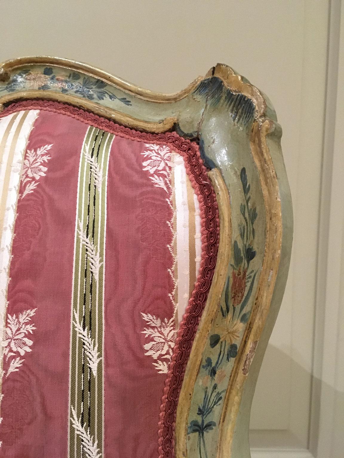 1750 Venezia Italy Set 2 Green Lacquered Wooden Armchairs with Floral Decoration For Sale 1