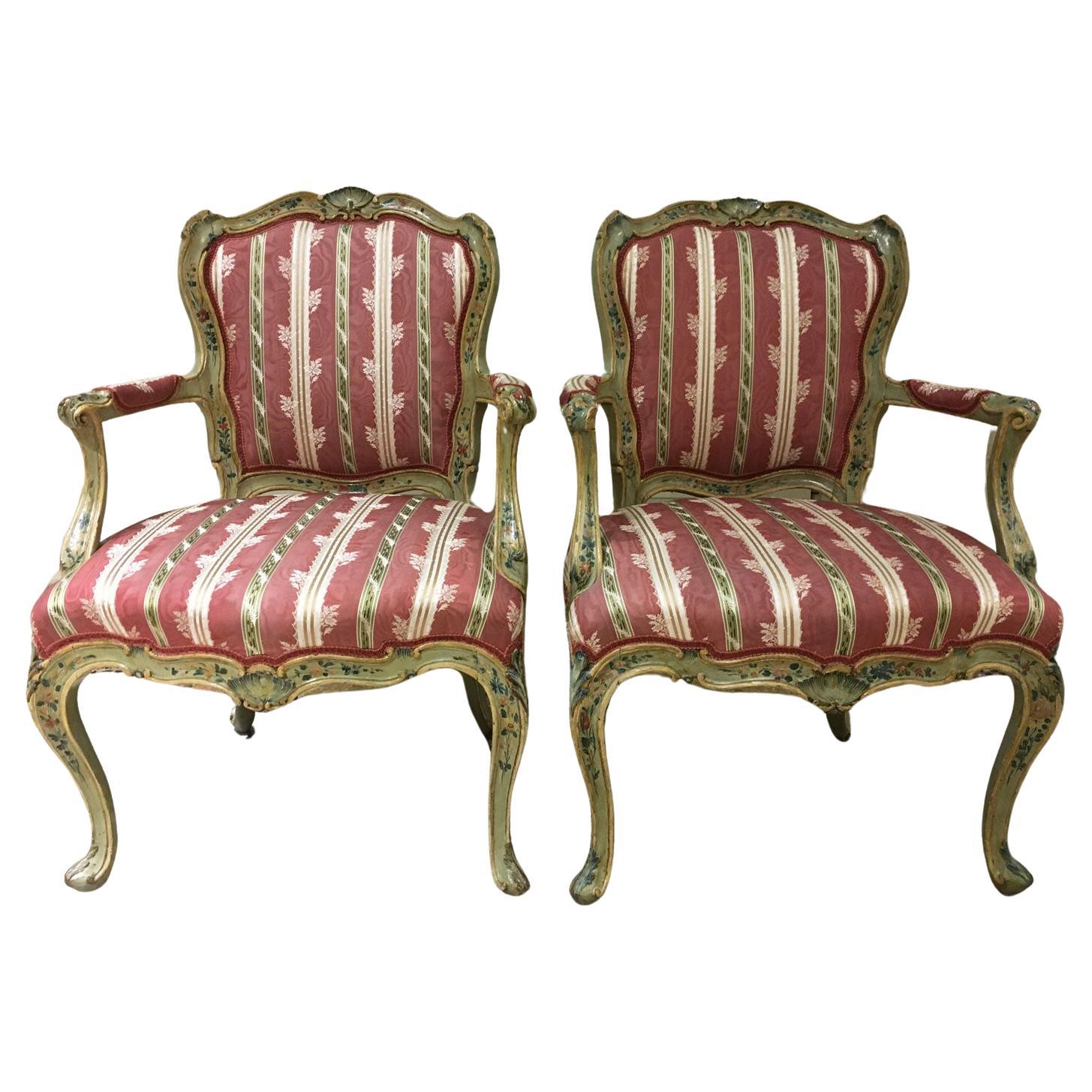 1750 Venezia Italy Set 2 Green Lacquered Wooden Armchairs with Floral Decoration