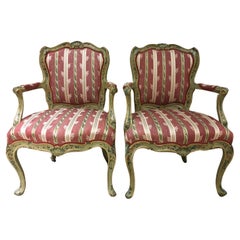 1750 Venezia Italy Set 2 Green Lacquered Wooden Armchairs with Floral Decoration