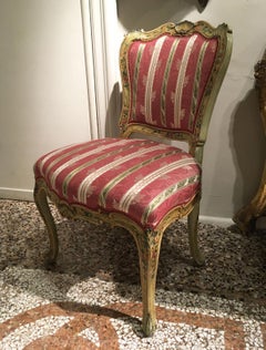 1750 Venezia Italy Set 3 Green Lacquered Wooden Engraved Chairs with Flowers