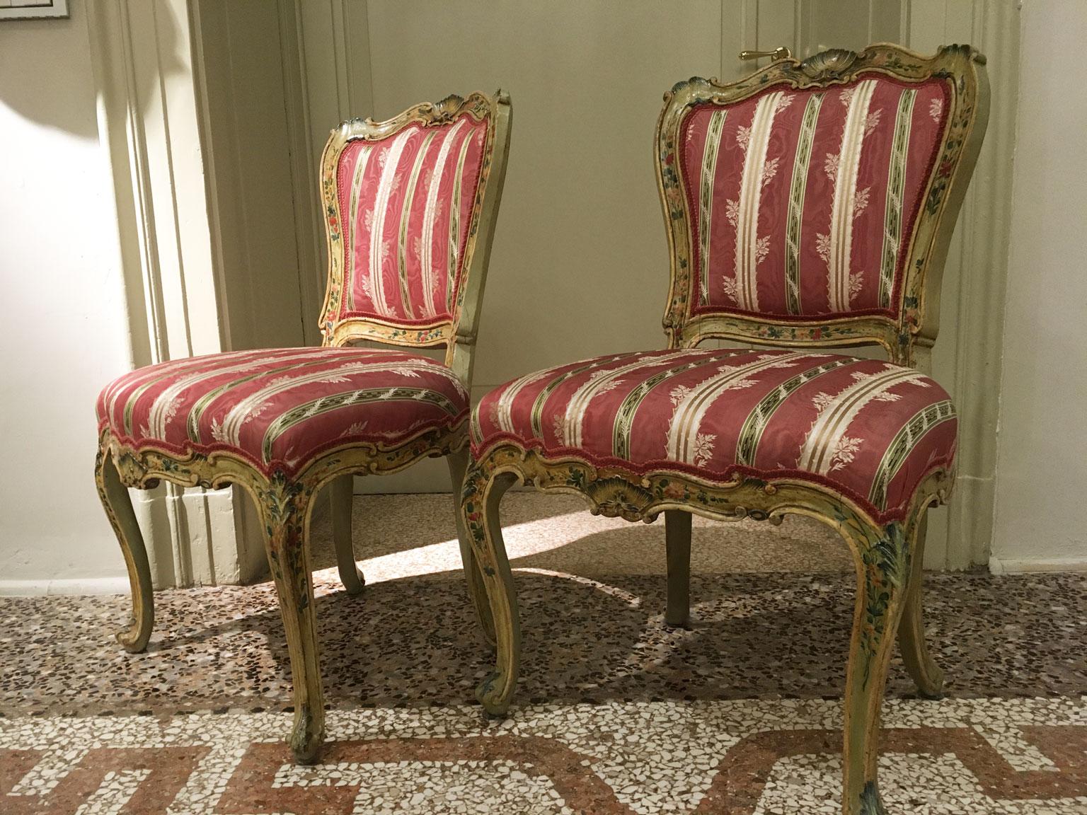 Rococo 1750 Venezia Italy Set 3 Green Lacquered Wooden Engraved Chairs with Flowers For Sale