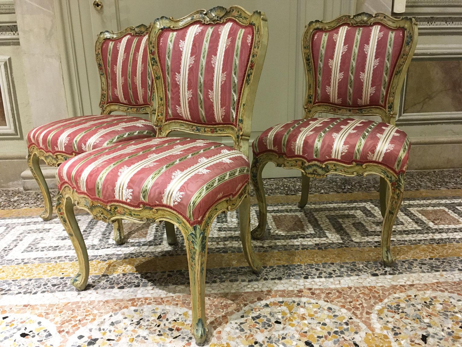 Silk 1750 Venezia Italy Set 3 Green Lacquered Wooden Engraved Chairs with Flowers For Sale