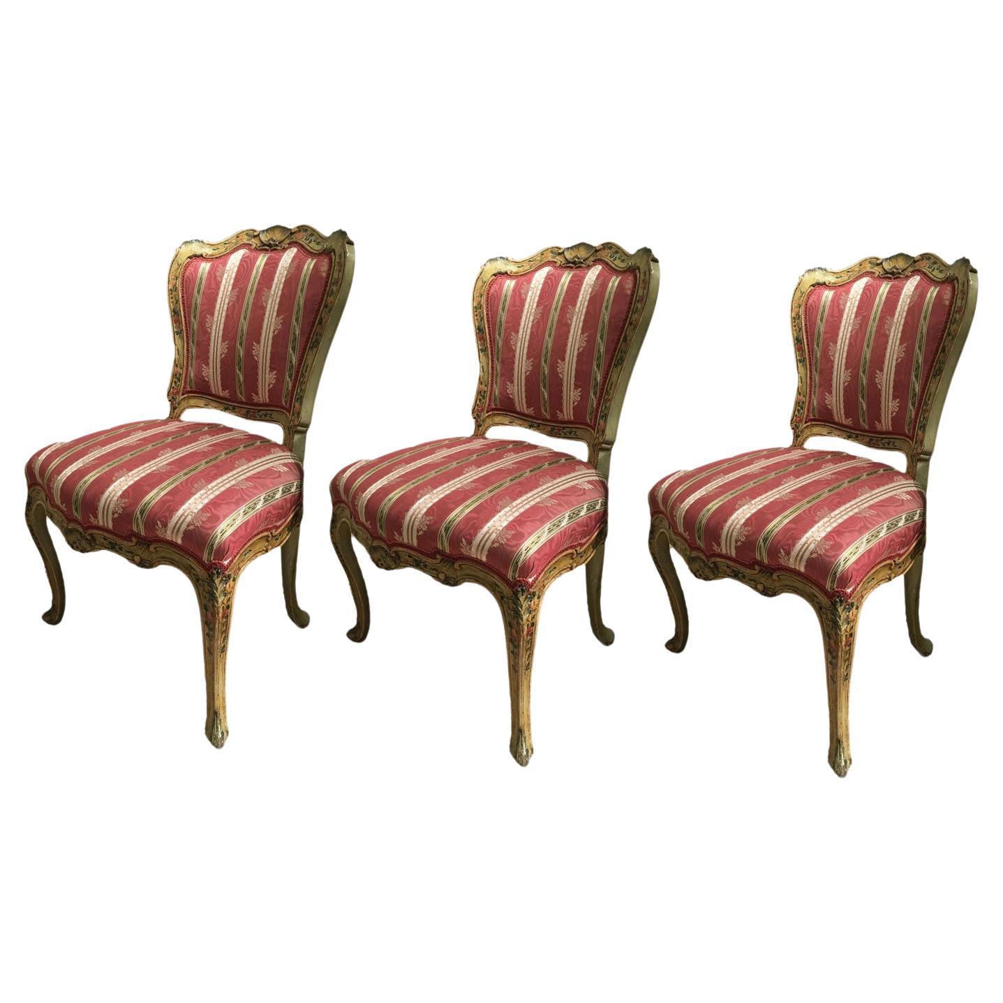 1750 Venezia Italy Set 3 Green Lacquered Wooden Engraved Chairs with Flowers