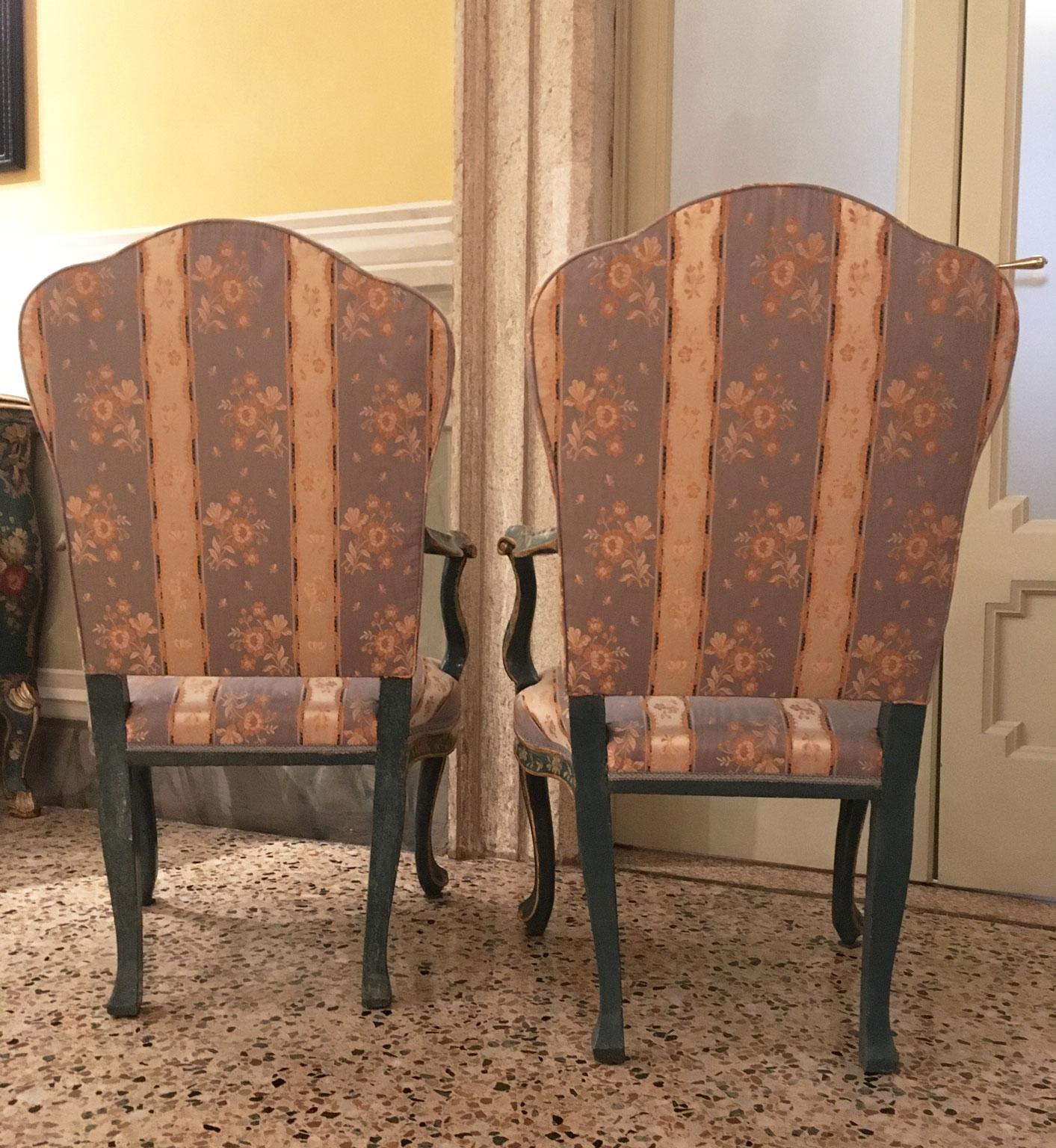 Silk 1750 Venezia Italy Set 4 Blue Lacquered Wooden Dining Armchairs with Flowers For Sale