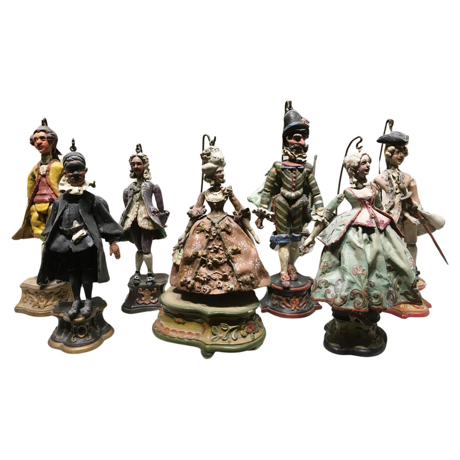 1750 Venezia Italy Set 7 Lacquered Puppets Polychrome Wooden and Papier Machè