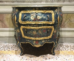 1750 Venezia Italy Wooden Green Lacquered Commode with Fantasy Birds and Flowers