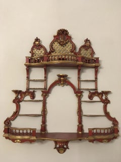 1750 Venezia Italy Wooden Red Lacquered Carved Credenza Porcelain Holder