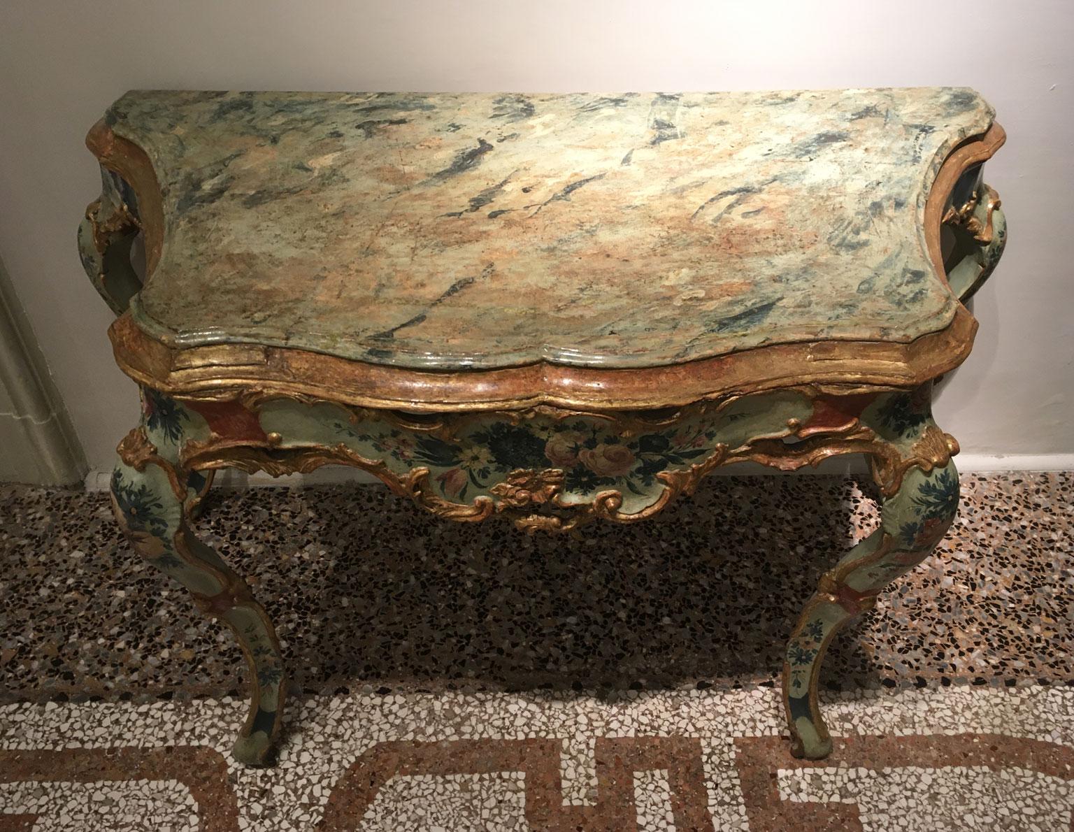Rococo Console Venezia en bois laqué bleu clair et vert avec fleurs, 1750 en vente