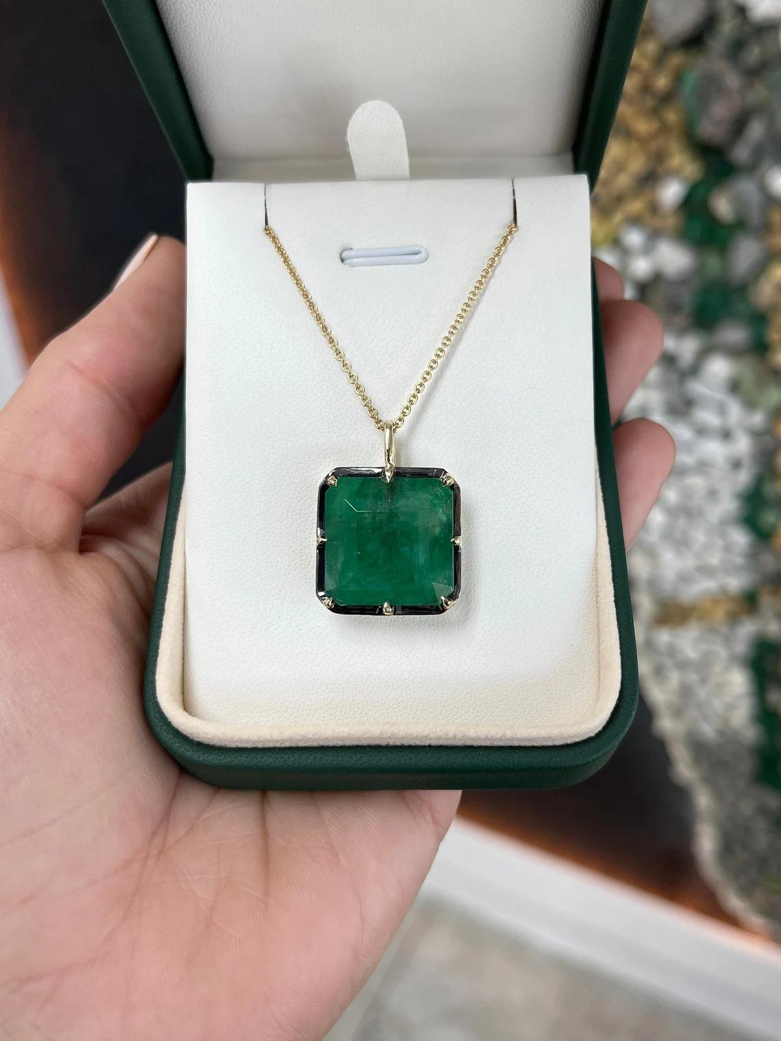 Empire 17.50ct 14K Large Asscher Cut Emerald Georgian Styled Solitaire 8 Prong Pendant For Sale