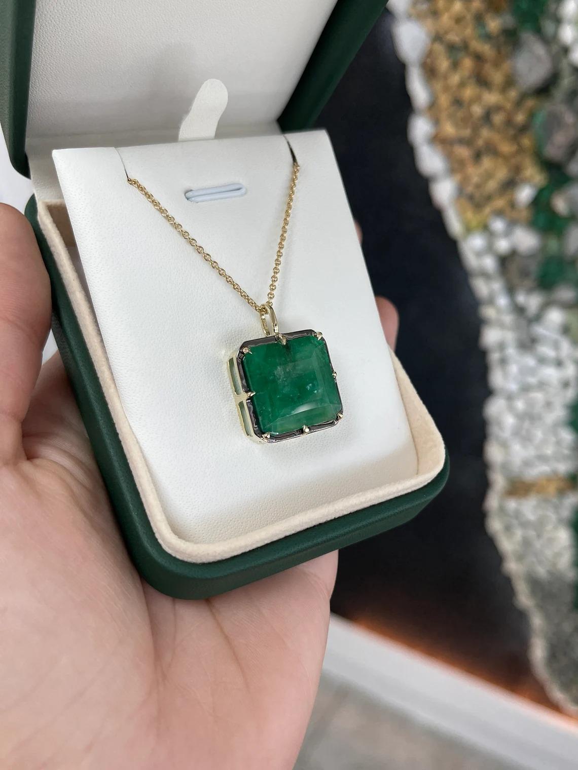 17.50ct 14K Large Asscher Cut Emerald Georgian Styled Solitaire 8 Prong Pendant In New Condition For Sale In Jupiter, FL