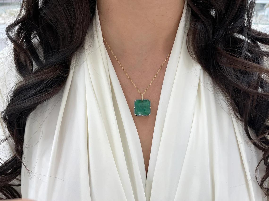 17.50ct 14K Large Asscher Cut Emerald Georgian Styled Solitaire 8 Prong Pendant For Sale 2