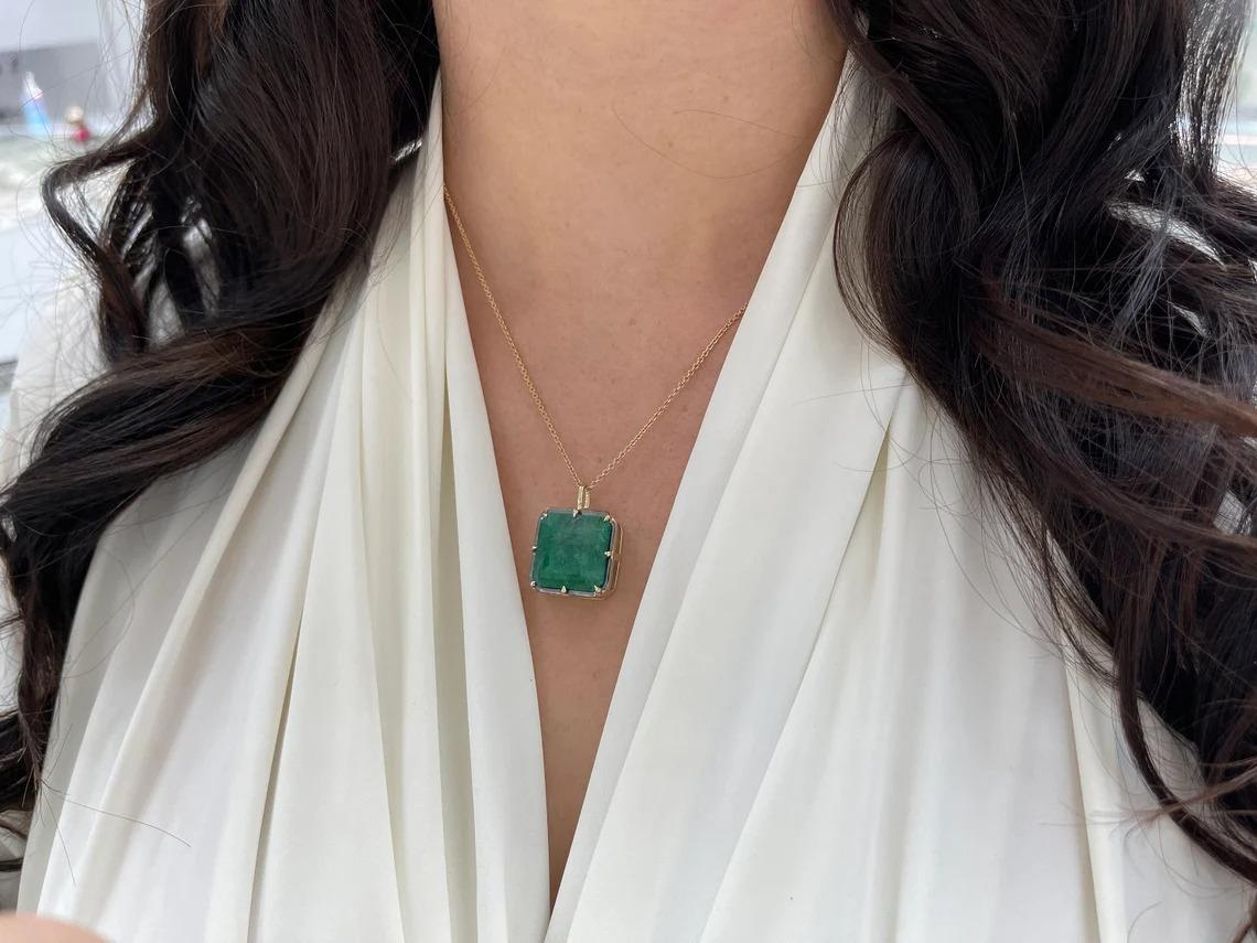 17.50ct 14K Large Asscher Cut Emerald Georgian Styled Solitaire 8 Prong Pendant For Sale 3