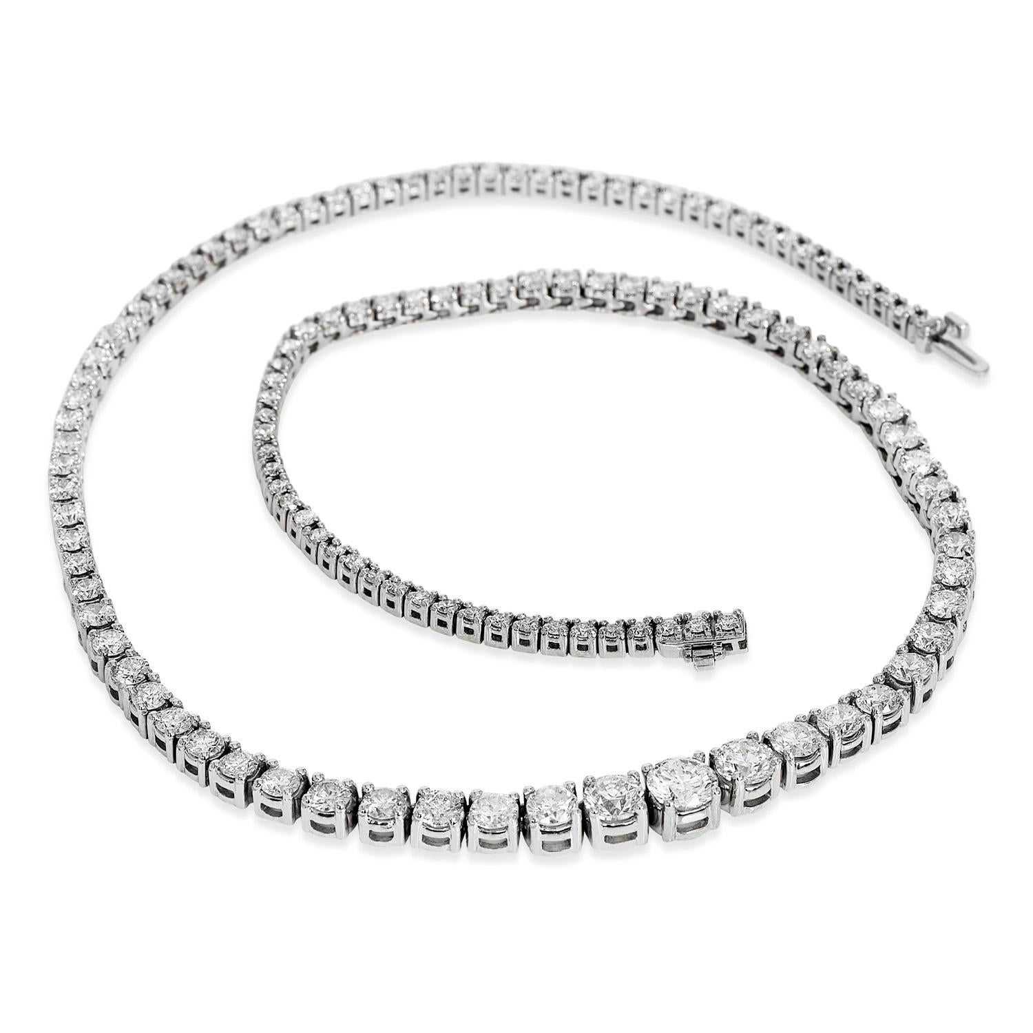  Feel like a celebrity with glamour and elegance with this 17.50-Carat Diamond Riviera Style Graduated Tennis Necklace! 

The vivid sparkling diamonds range from 1.00 carats to 0.05 carats. The dazzling graduated diamonds line side by side to