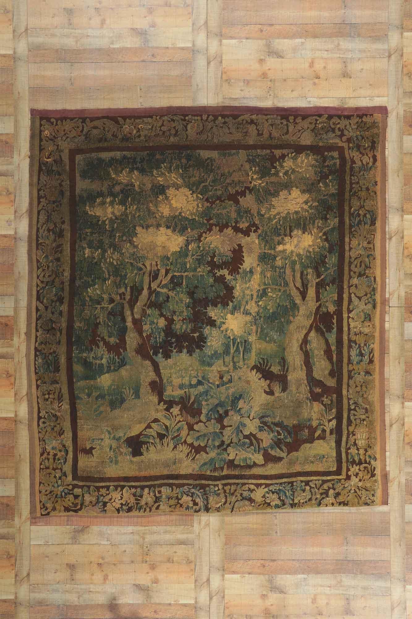 1750's Antique French Aubusson Verdure Tapestry In Distressed Condition In Dallas, TX