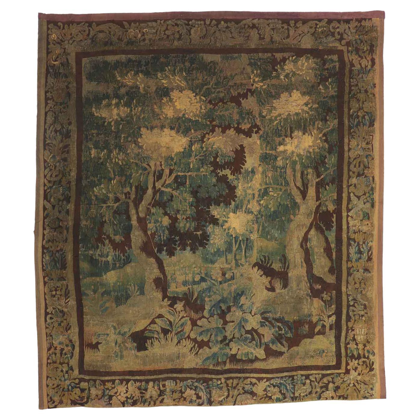 18th Century 1750's Antique French Aubusson Verdure Tapestry