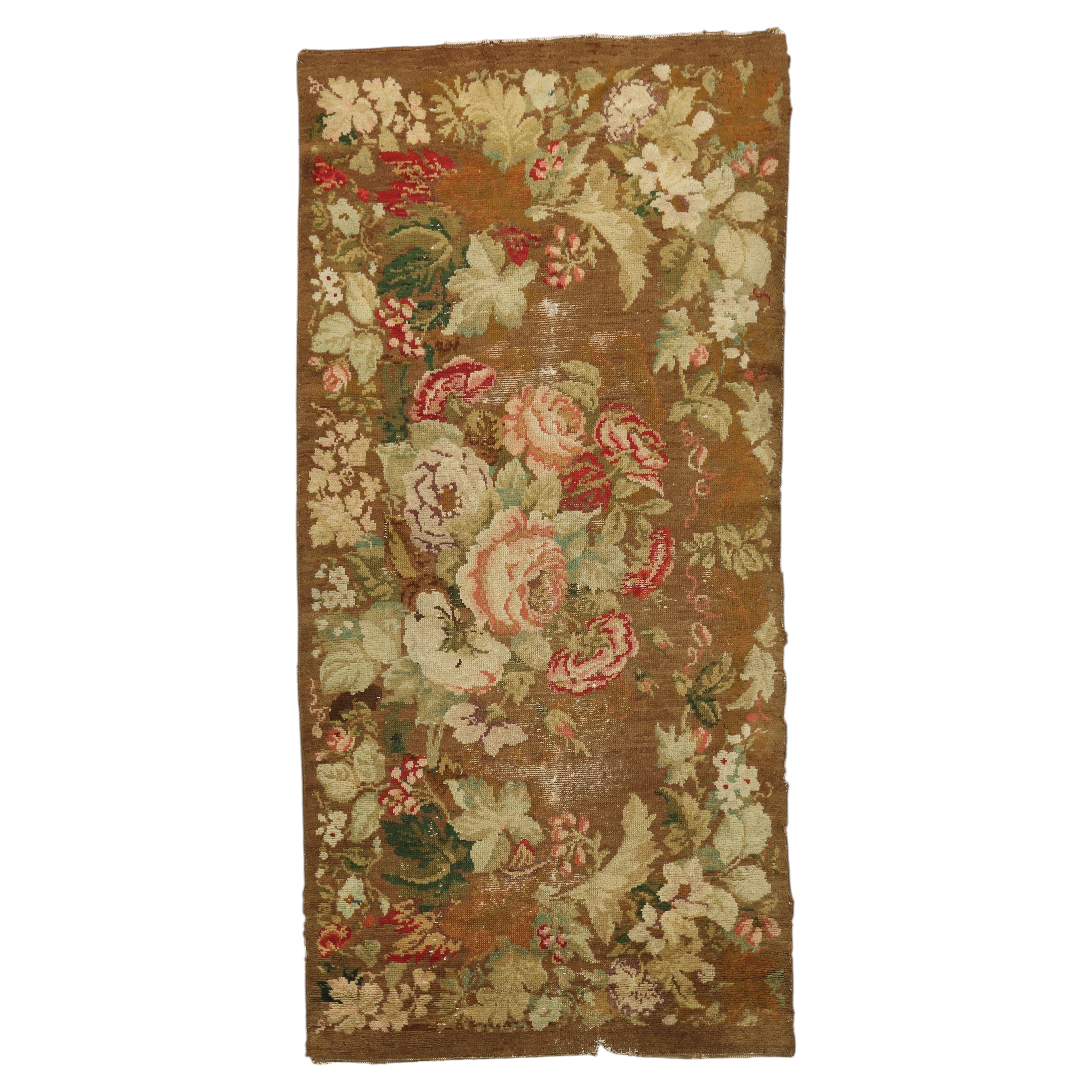 1750s Brown Floral Antique England Axminster Rug 4' x 8' 8" Knotted Wool Carpet For Sale