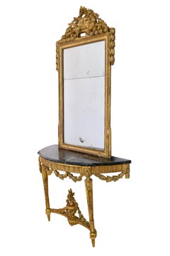 1750s Louis Seize XVI Golden Console Table with Marble and original Mirror