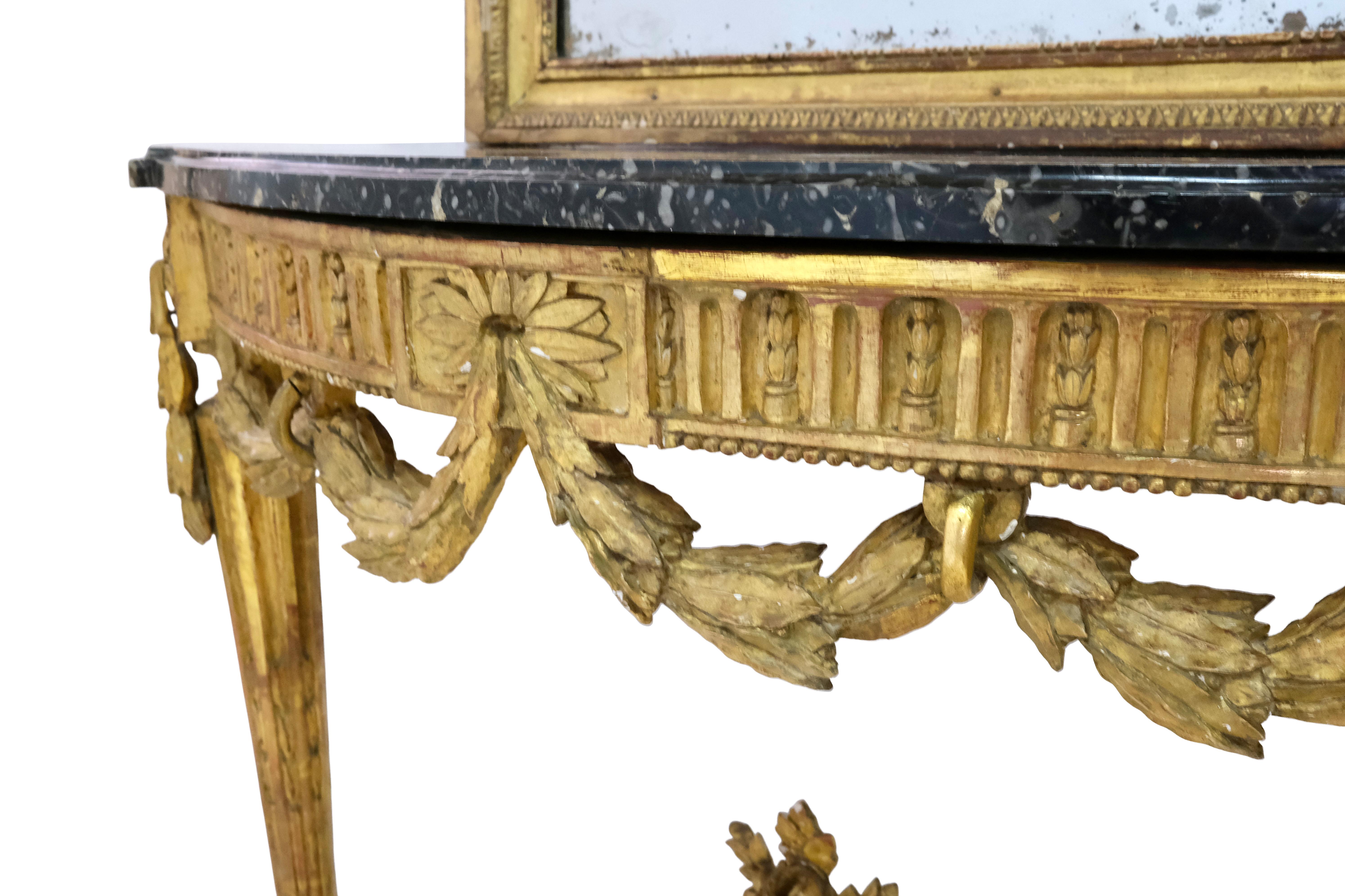 18th Century 1750s Louis Seize XVI Golden Console Table with Marble and original Mirror  For Sale