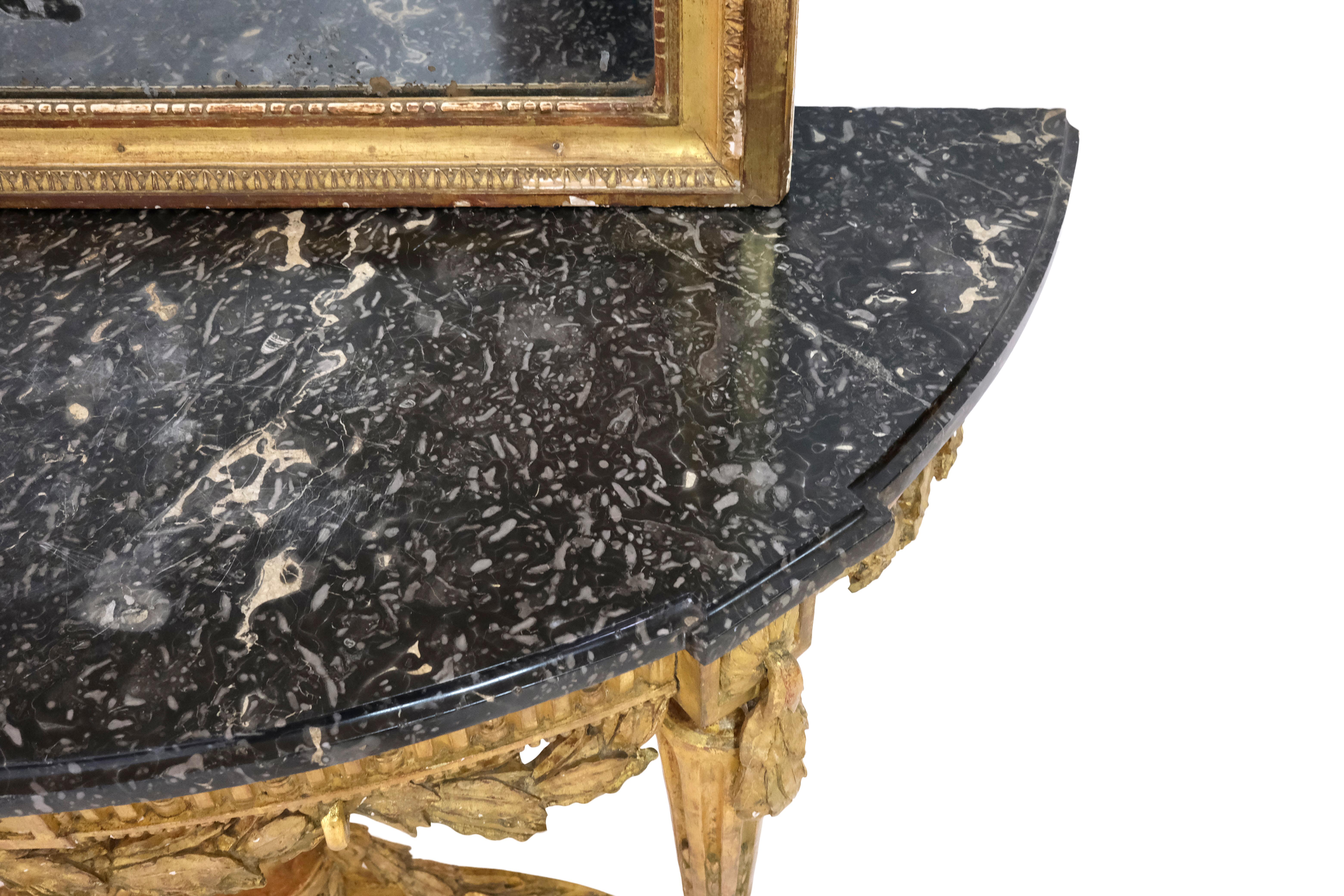 Wood 1750s Louis Seize XVI Golden Console Table with Marble and original Mirror  For Sale