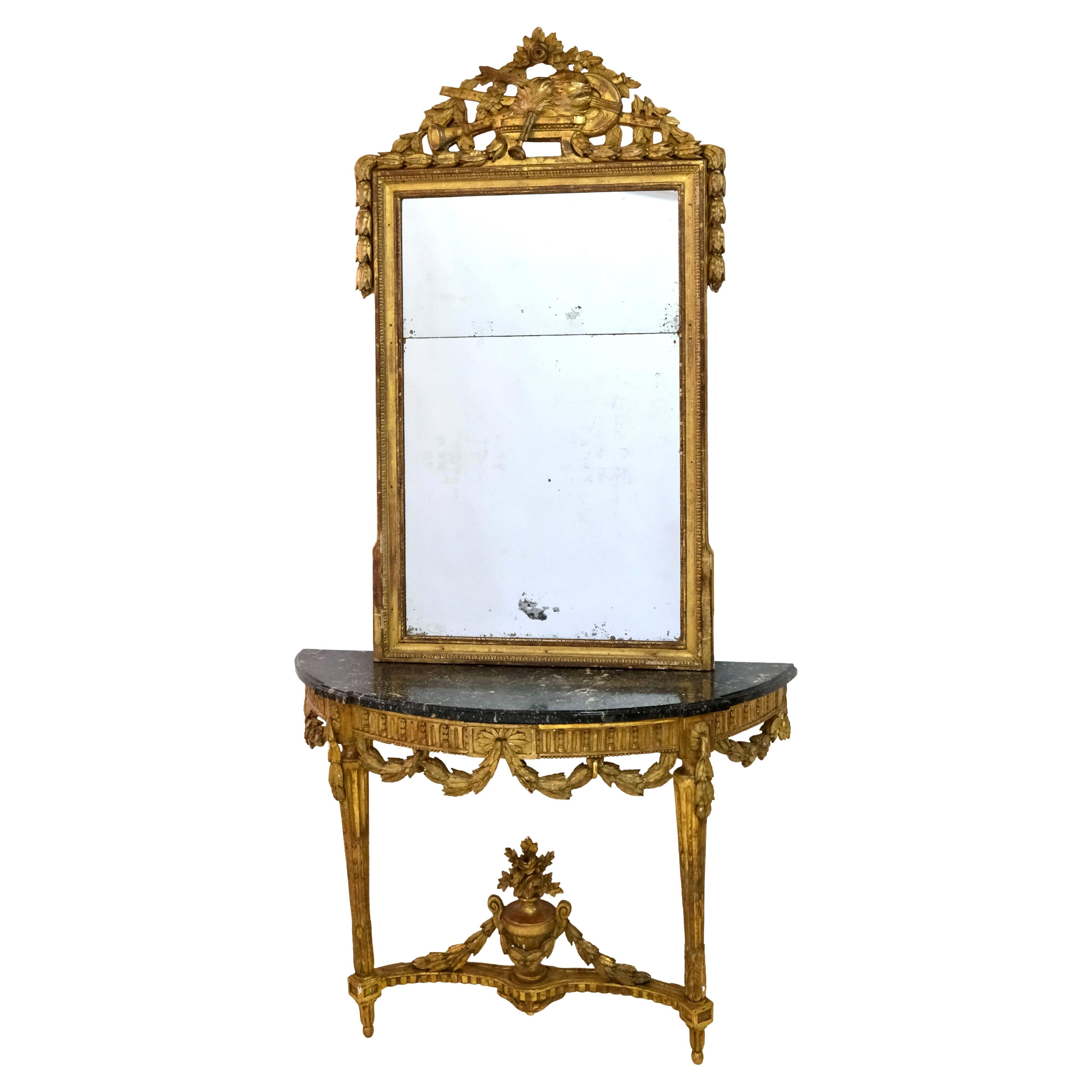 1750s Louis Seize XVI Golden Console Table with Marble and original Mirror  For Sale