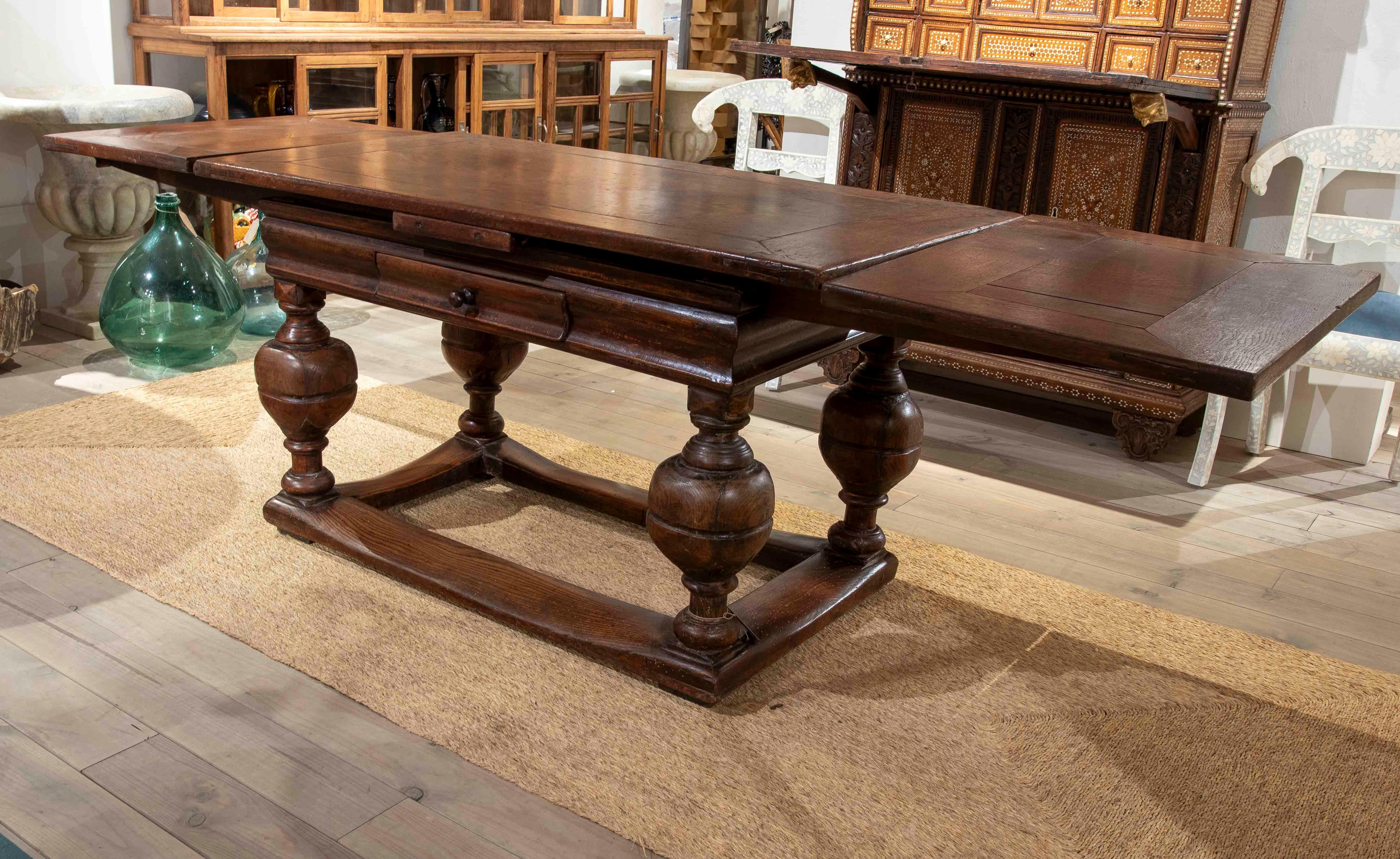 18th Century and Earlier 1750s Solid Oak English Extendable Table with Turned Legs For Sale