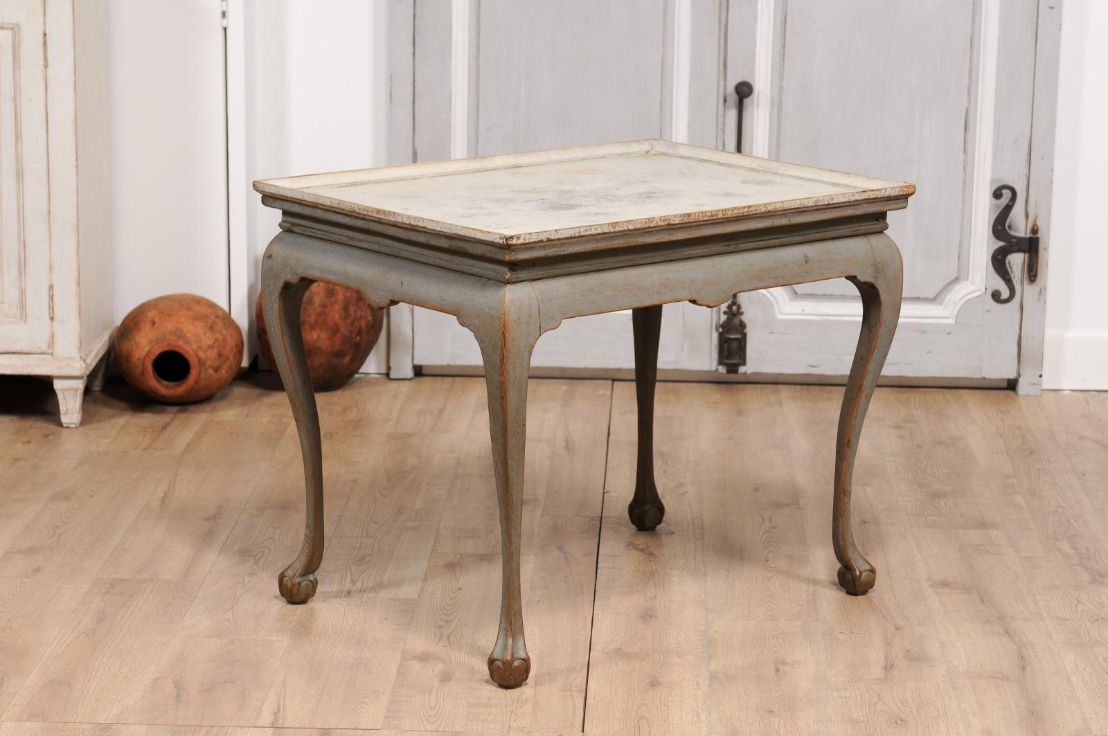 Carved 1750s Swedish Rococo Gray Painted Tea Table with Tray Top and Ball and Claw Feet For Sale