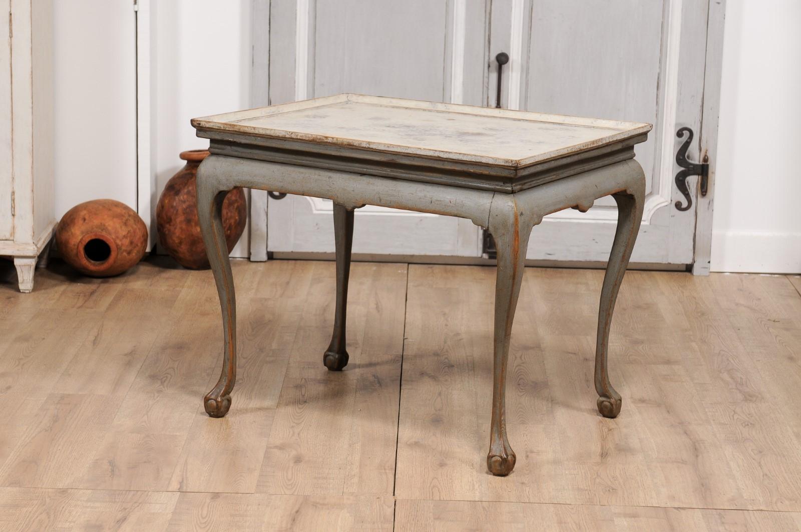 18th Century 1750s Swedish Rococo Gray Painted Tea Table with Tray Top and Ball and Claw Feet For Sale