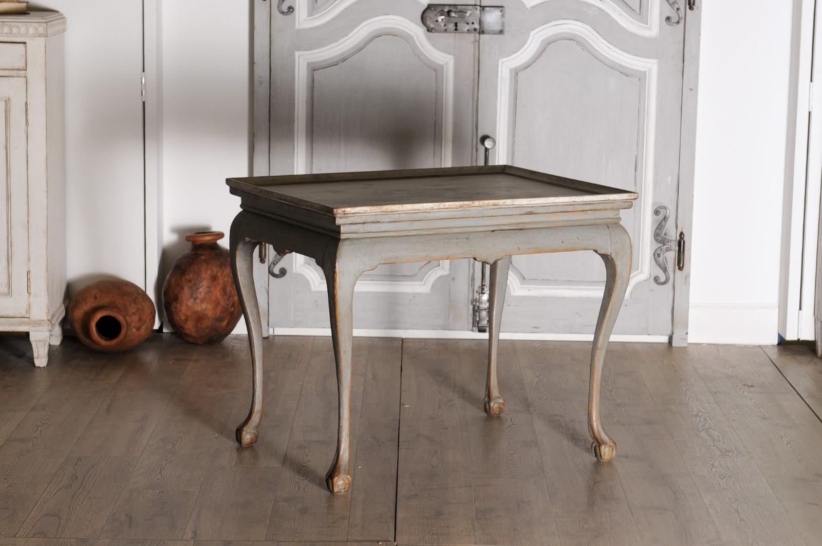 Wood 1750s Swedish Rococo Gray Painted Tea Table with Tray Top and Ball and Claw Feet For Sale